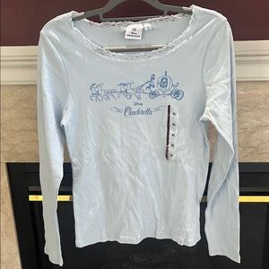 Girls XL Disney Cinderella Light Blue Lace Trim Fitted Long Sleeve Shirt